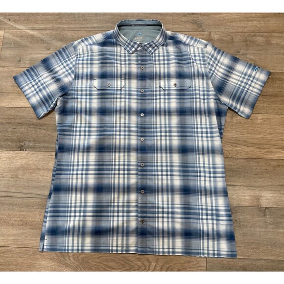 KUHL Response Mens XL TALL Blue Plaid Short Sleeve Flap Pockets Button Shirt - Picture 1 of 8